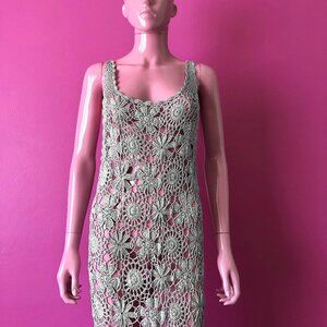 ASOS US8 Hand Crochet Midi Tank Dress Drop Armhole Silver Side Slits Open V-back